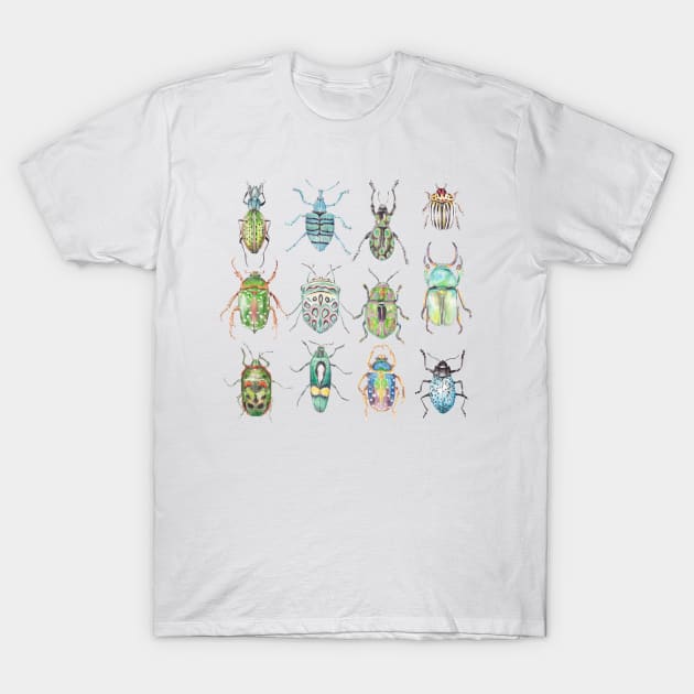 Beetles in Shades of Green T-Shirt by wanderinglaur